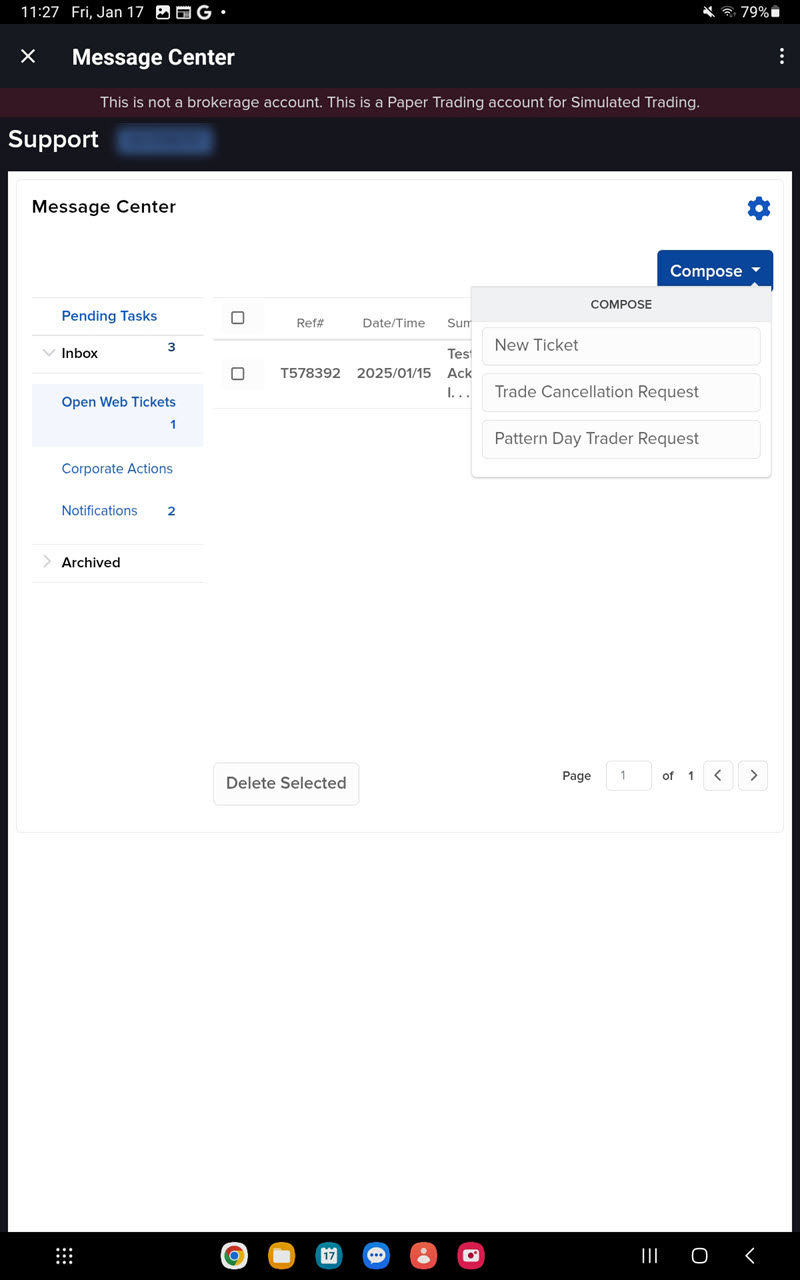 The compose options on the Android Tablet